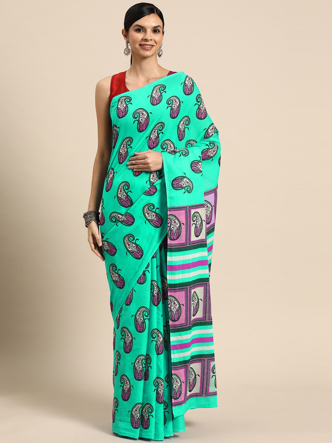 

BUTA BUTI Paisley Printed Pure Cotton Saree, Sea green