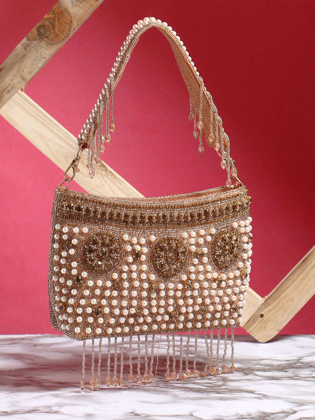 

Exotic Embroidered Tasselled Jute Purse Clutch, Peach