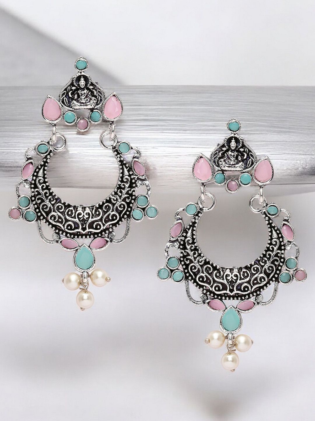 

OOMPH Contemporary Artificial Stones And Beads Studded Oxidised Chandbalis, Silver