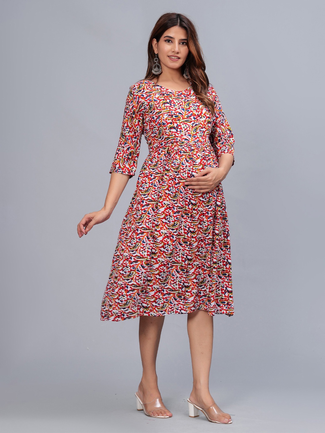 

BAESD Ethnic Motifs Printed Maternity Fit & Flare Dress, Red