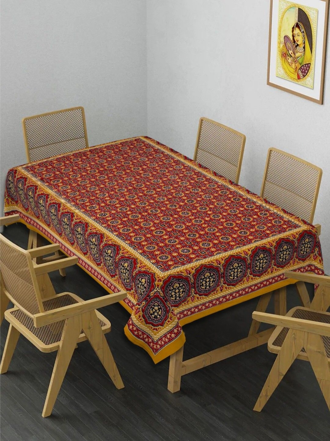 

INDHOME LIFE Yellow & Red Ethnic Motifs Printed 210 TC Cotton 6-Seater Table Cover