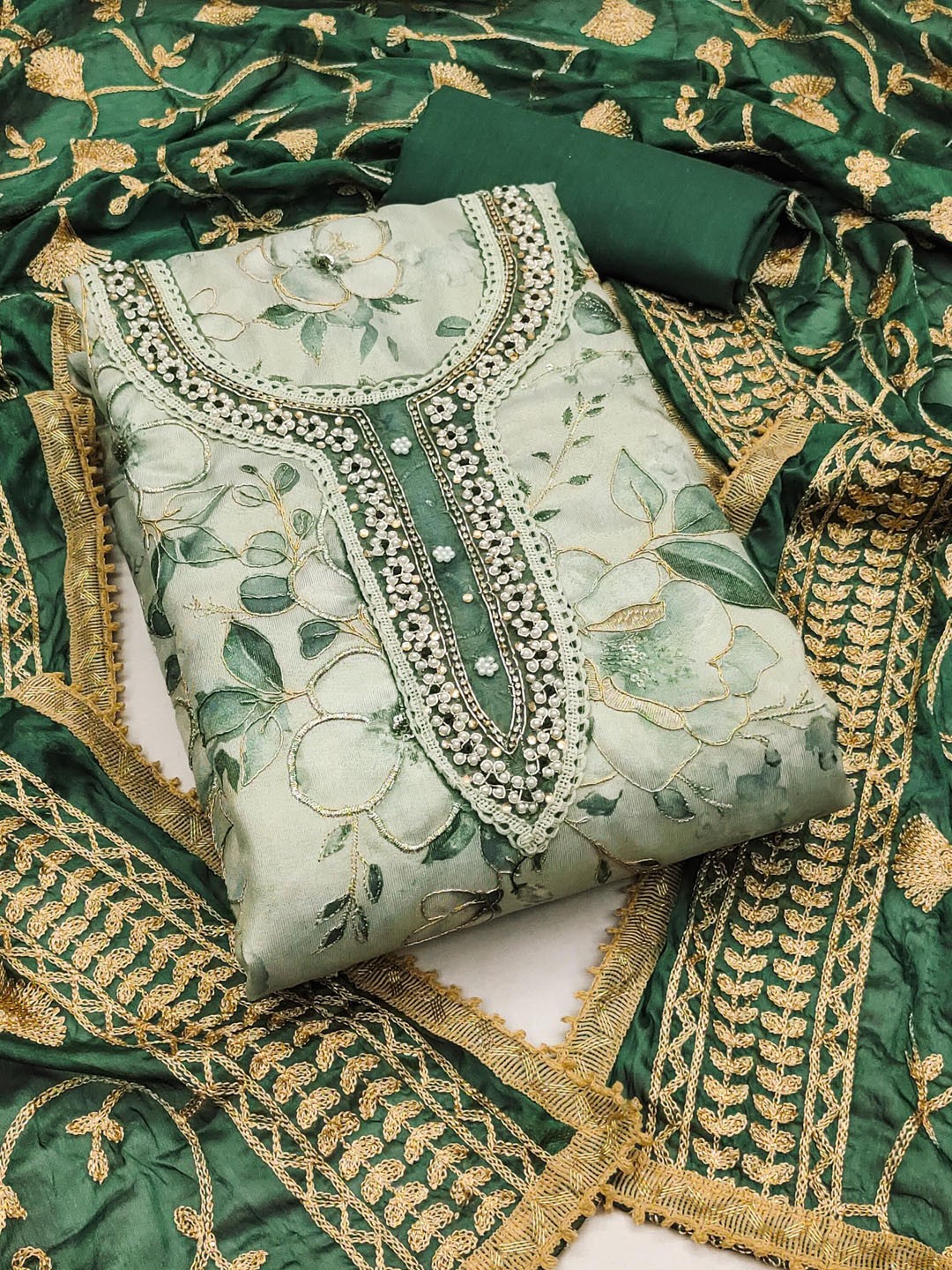

KIMISHA Floral Embellished Beads and Stones Unstitched Dress Material, Green