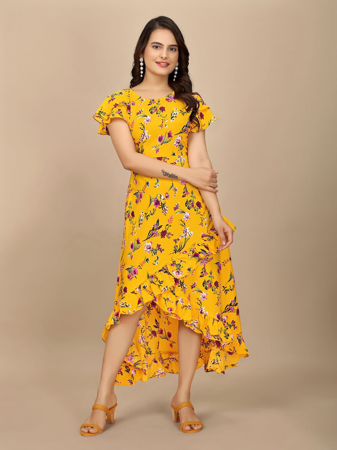 

BAESD Floral Printed Flared Sleeve Maxi Dress, Yellow