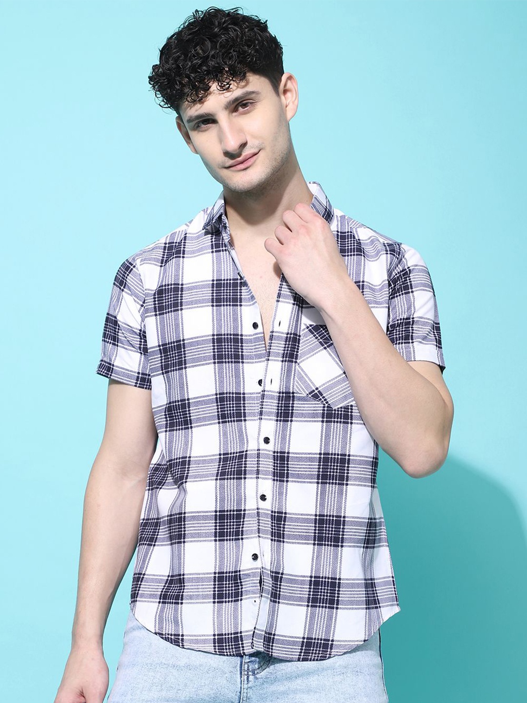 

Voroxy Men New Spread Collar Tartan Checked Cotton Casual Shirt, Navy blue