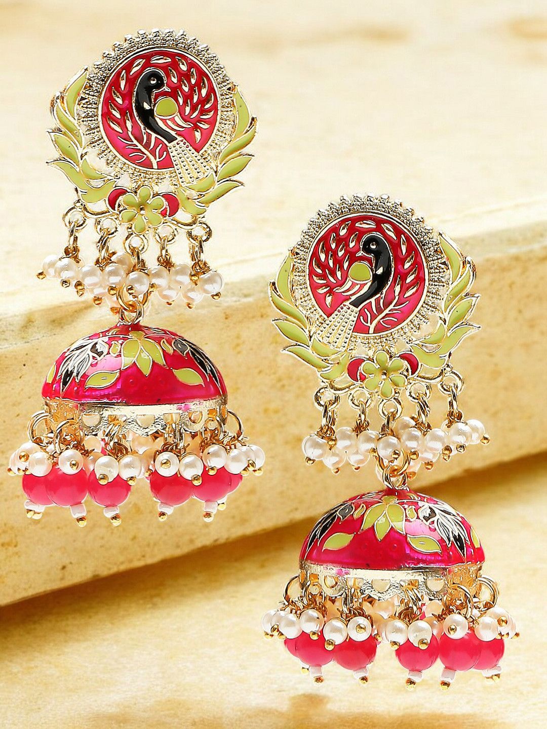 

OOMPH Peacock Shaped Meenakari Jhumkas, Gold