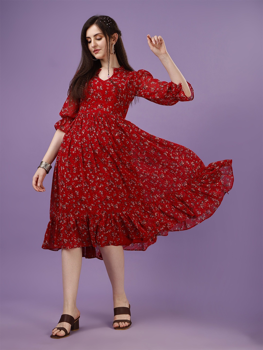 

Fashion2wear Women Floral Printed Fit And Flared Midi Dress, Red