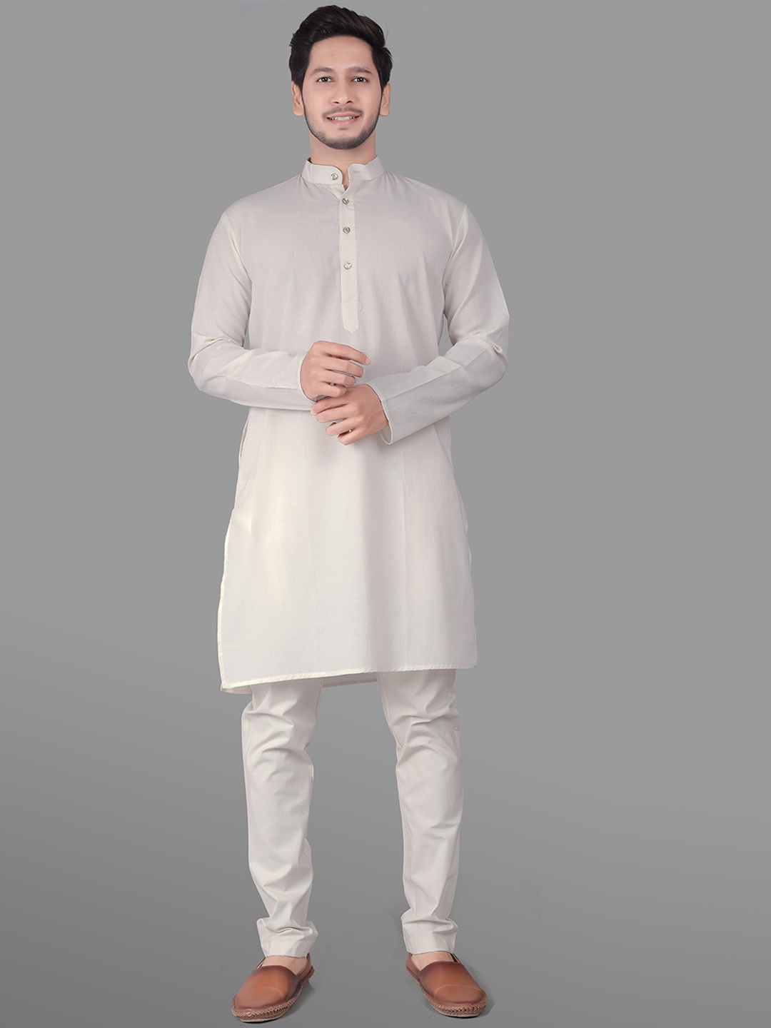

Xepon Mandarin Collar Long Sleeves Pastels Straight Kurta with Trousers, Off white