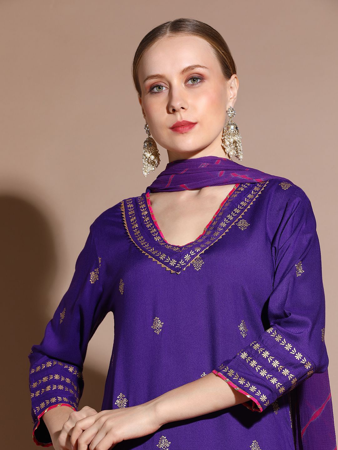 

Anouk Purple Floral Printed Gotta Patti Straight Kurta With Palazzo & Dupatta