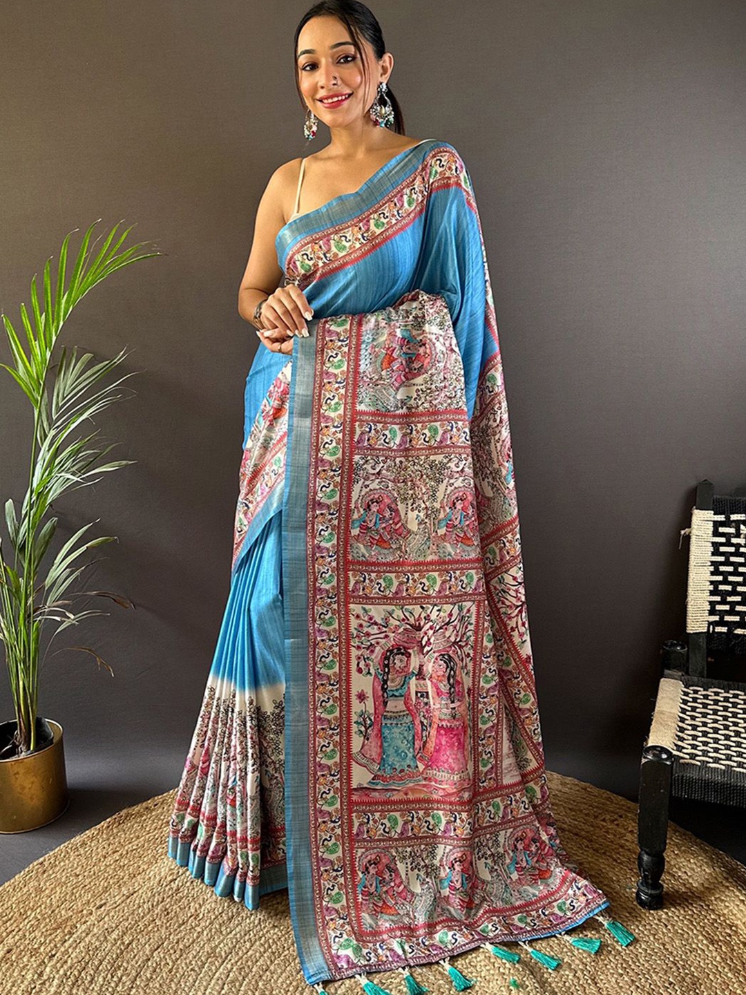 

Ishin Kalamkari Printed Zari Tussar Saree, Blue