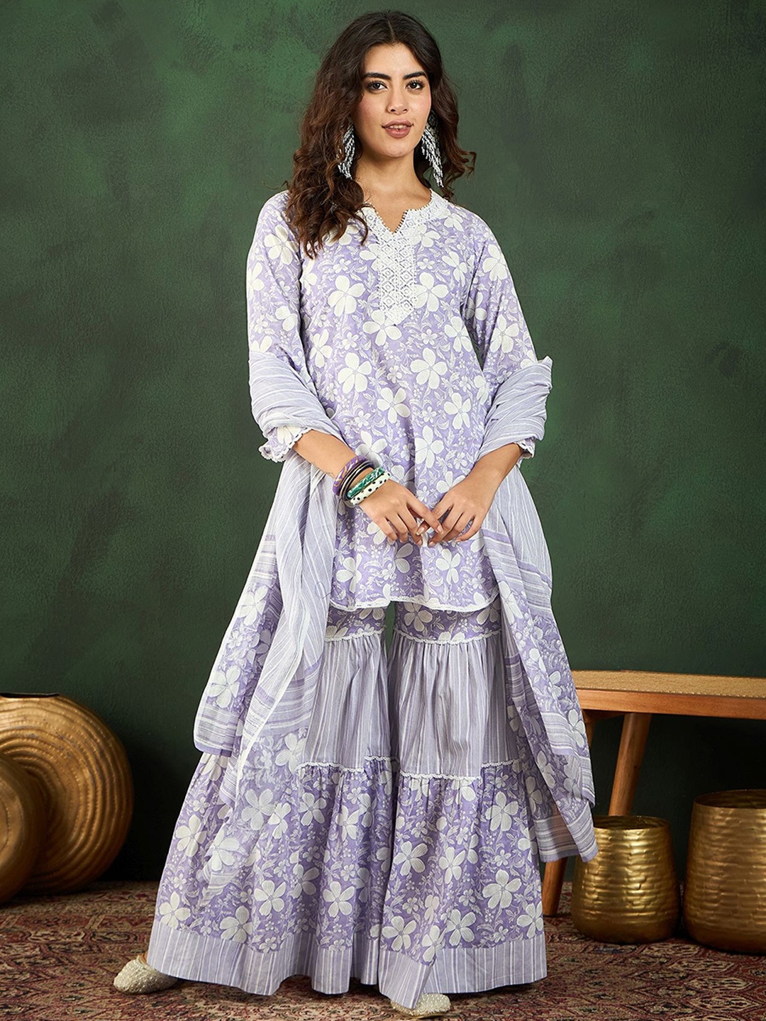 

Sangria Lavender Floral Printed Pure Cotton Gotta Patti Kurti With Sharara & Dupatta