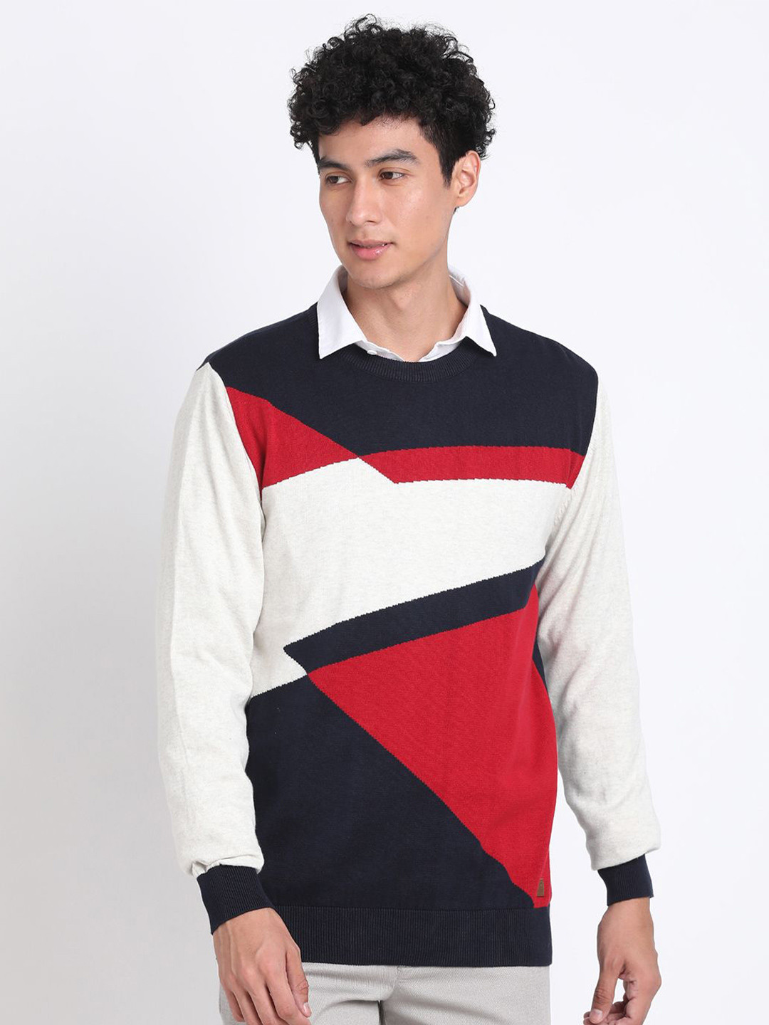 

Turtle Men Cotton Colourblocked Pullover Sweater, Grey