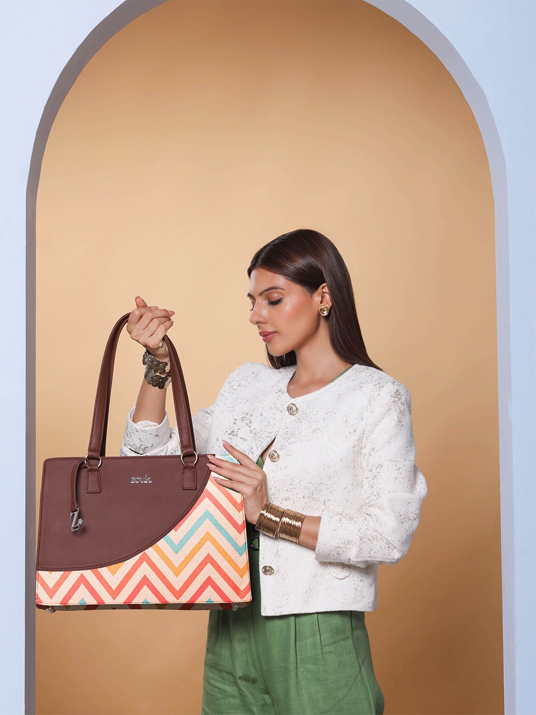 

ZOUK Women Printed Structured Shoulder Bag, Brown
