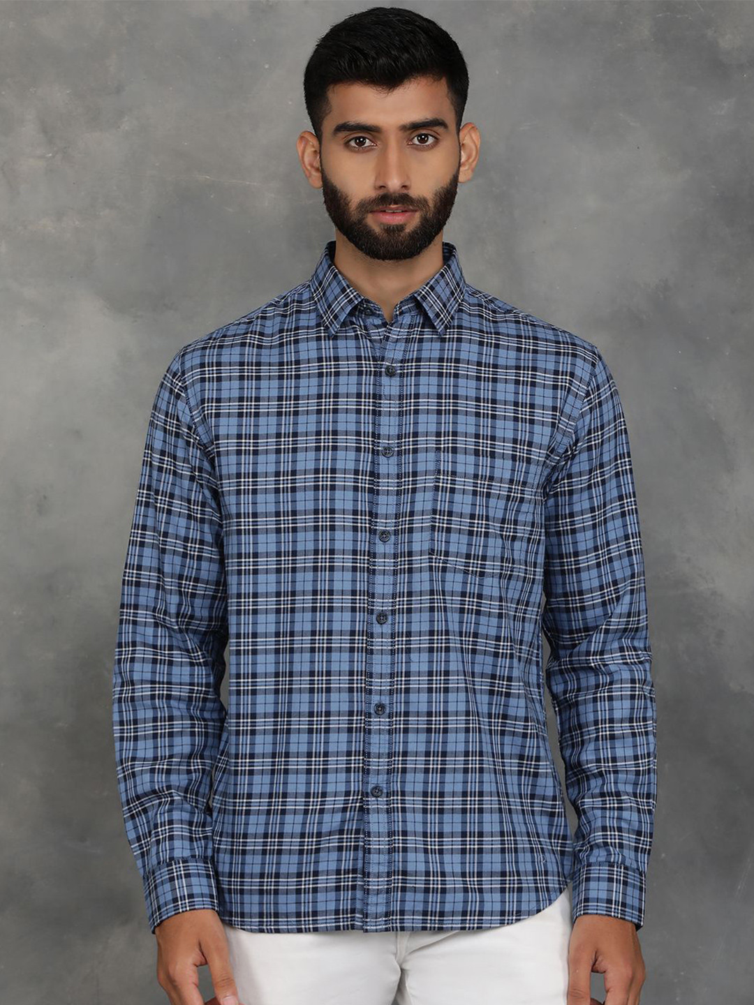 

Greenfibre Men Spread Collar Tartan Checked Cotton Slim Fit Casual Shirt, Blue