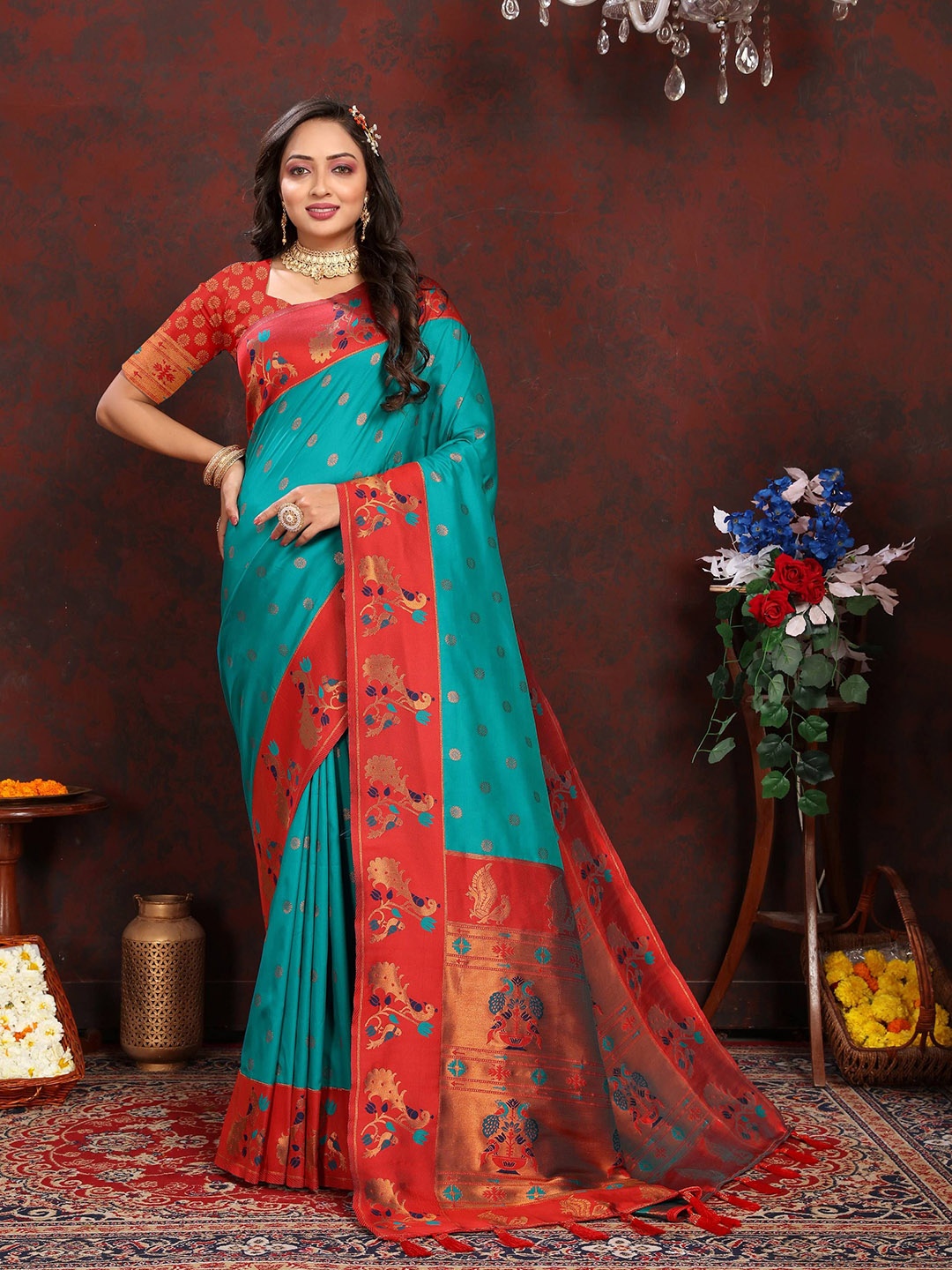 

Zeekha Woven Design Zari Pure Silk Paithani Saree, Turquoise blue