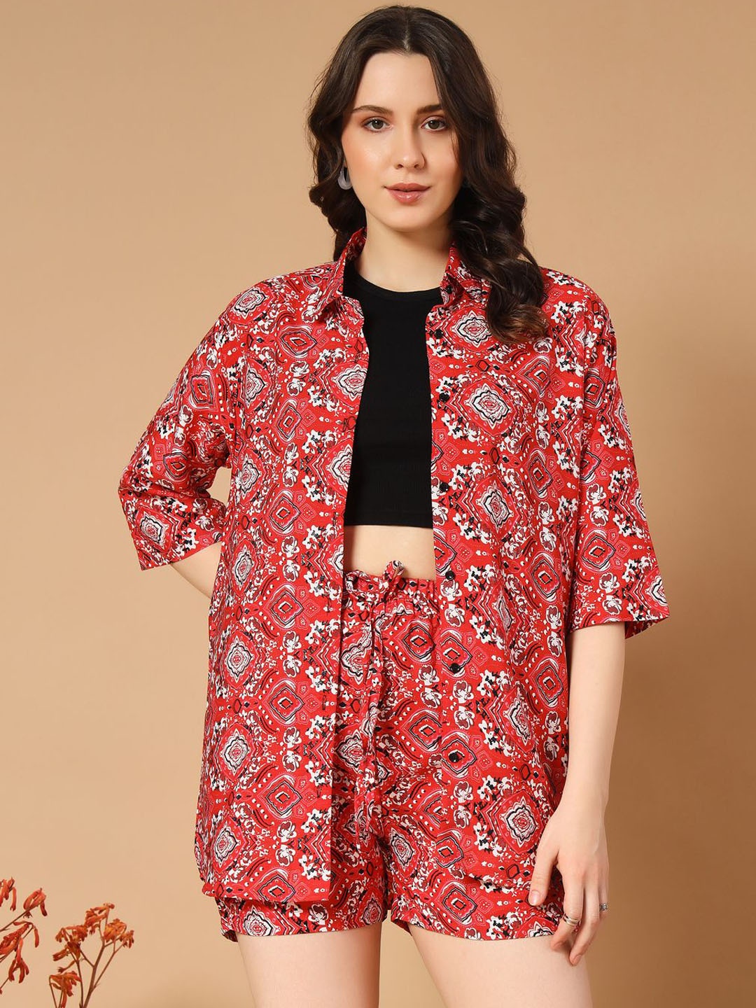 

ZWERLON Ethnic Motifs Printed Shirts With Shorts, Red