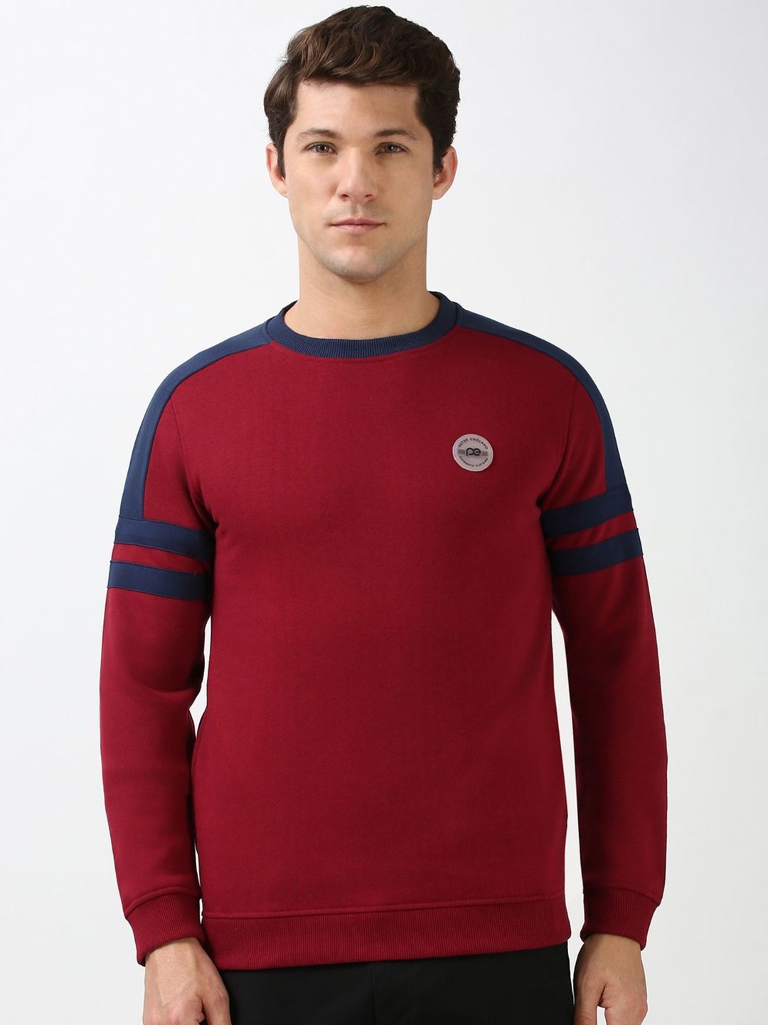 

Peter England Casuals Men Colourblocked Round Neck Cotton Pullover Sweatshirt, Maroon