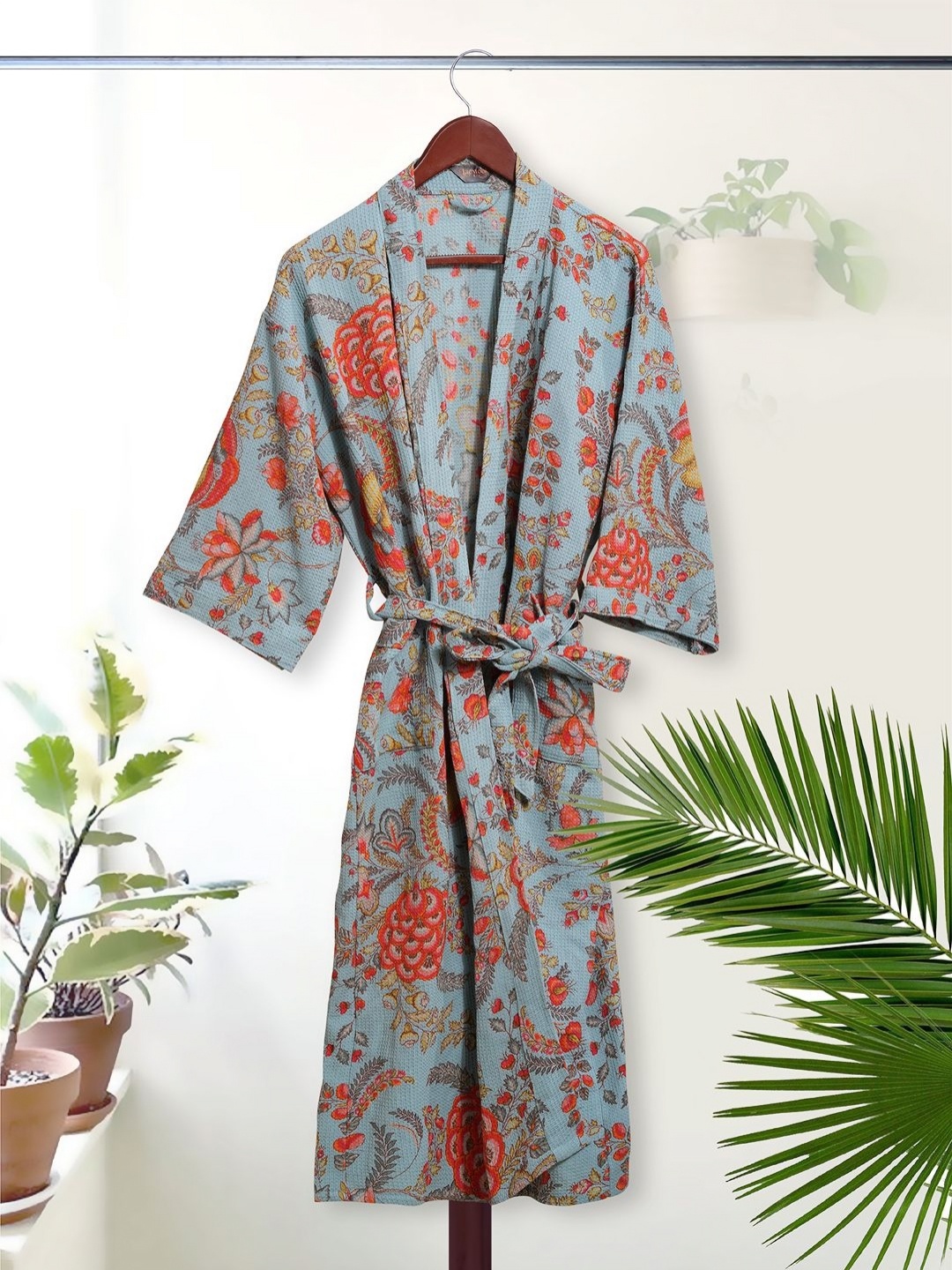 

HotGown Printed Pure Cotton Bath Robe With Belt, Blue