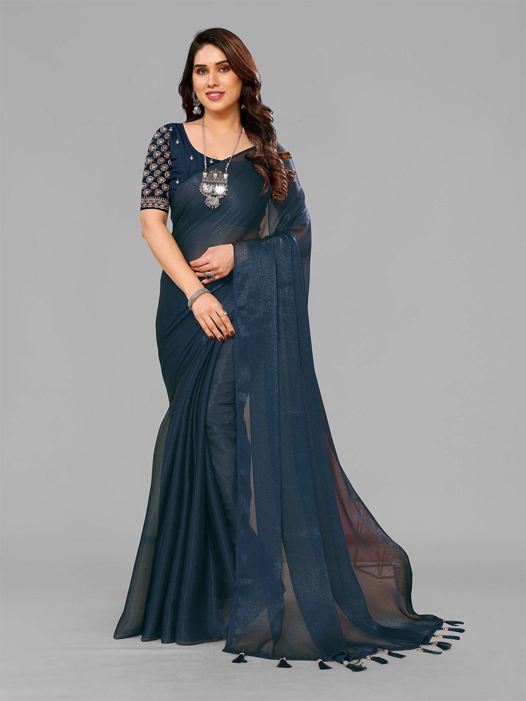 

saretramall Solid Saree With Blouse Piece, Navy blue