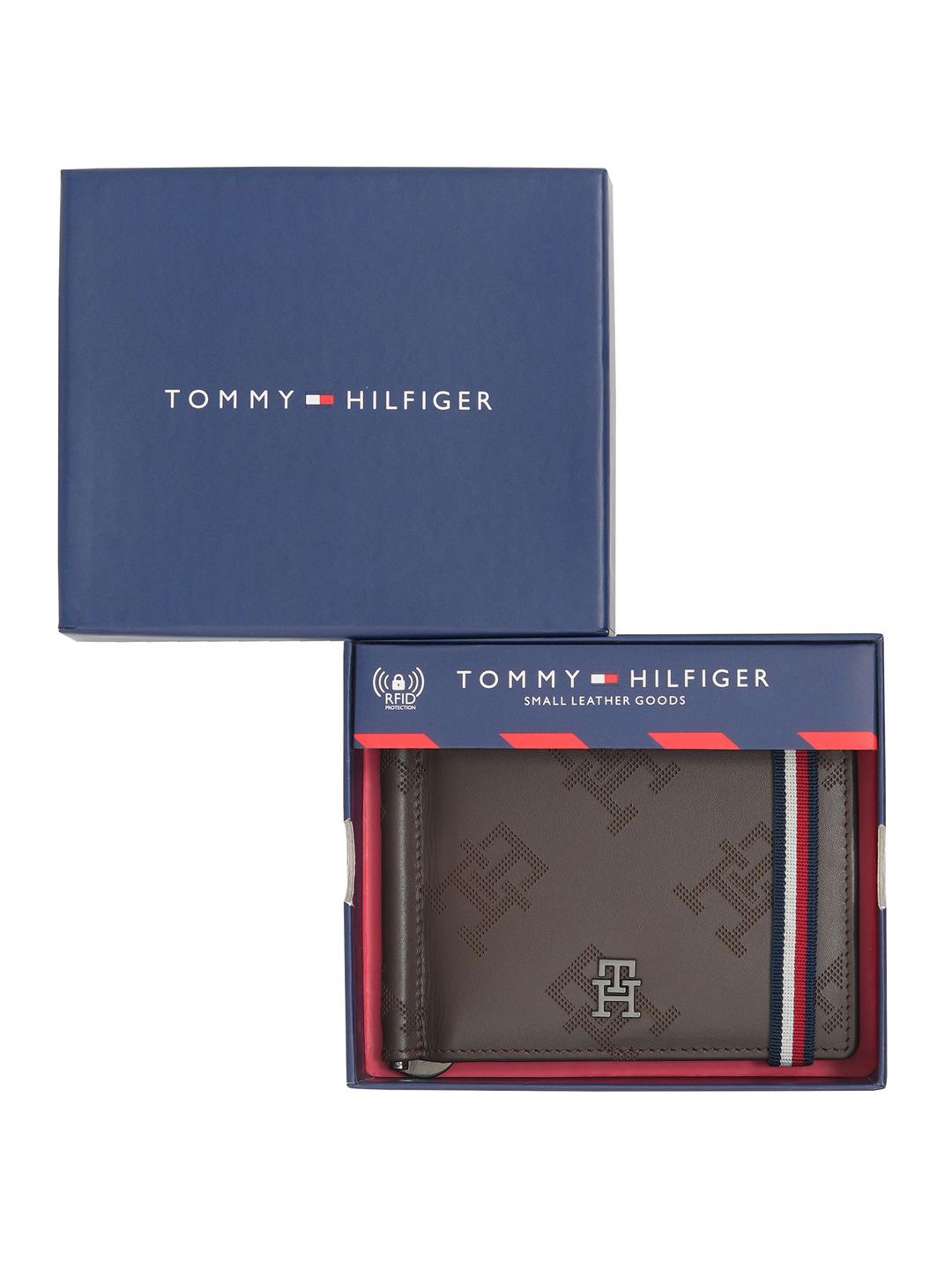 

Tommy Hilfiger Men Geometric Printed Leather Money Clip, Brown