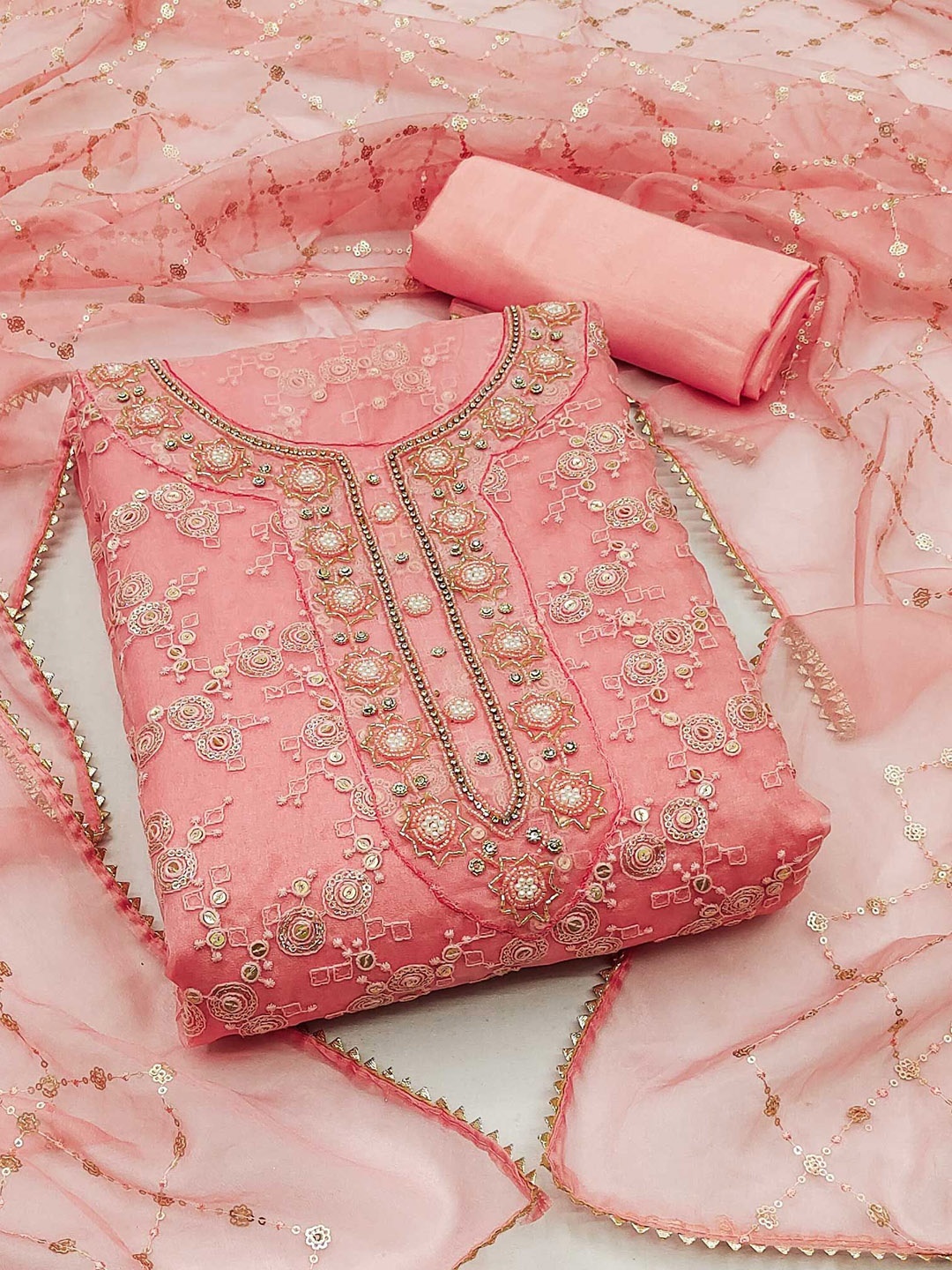 

Peachmode Floral Embroidered Beads and Stones Organza Unstitched Dress Material, Peach