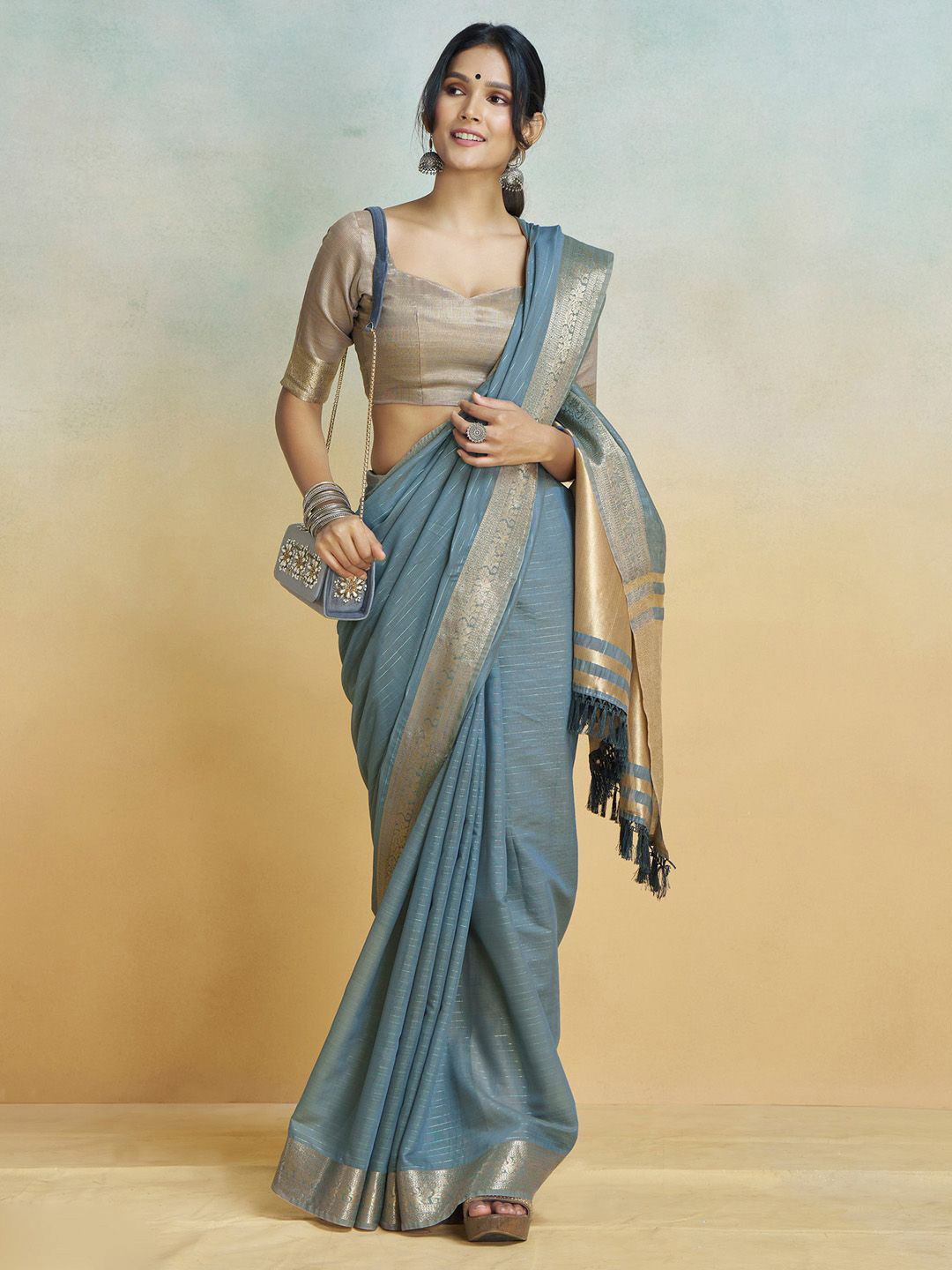 

Anouk Striped Zari Traditional Banarasi Saree, Blue