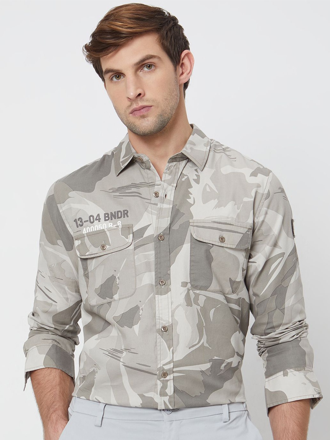 

Mufti Men Spread Collar Camouflage Printed Cotton Slim Fit Casual Shirt, Grey