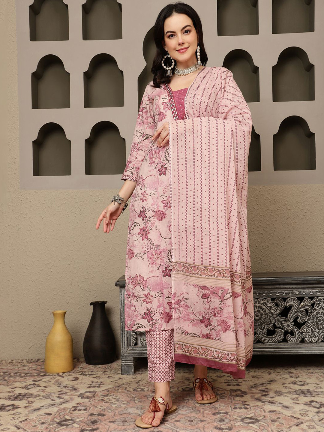 

Sangria Mauve Floral Embroidered Sequinned Pure Cotton Kurta With Trousers & Dupatta