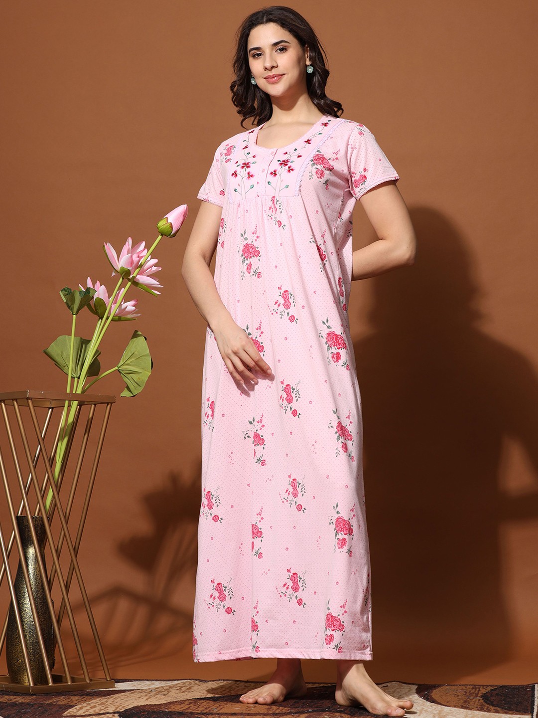 

9shines Label Women Embroidered Maxi Nightdress, Rose