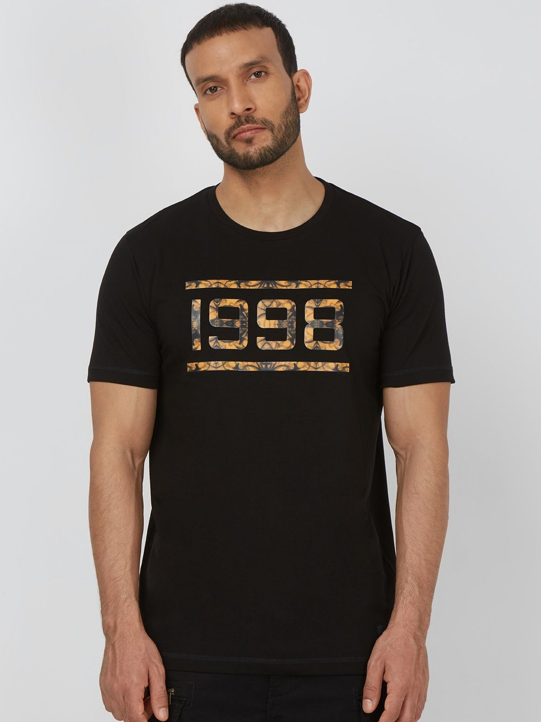 

Mufti Men Typography Printed Round Neck Cotton Slim Fit T-shirt, Black