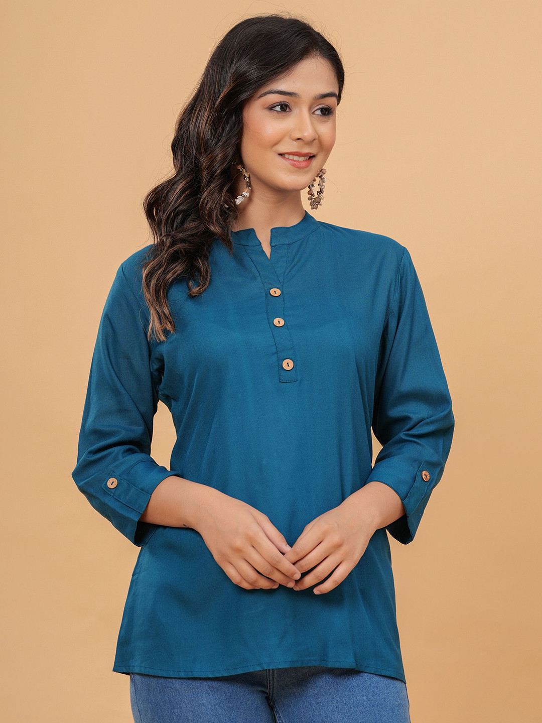 

BAESD Women Mandarin Collar Roll-Up Sleeves A-Line Top, Blue