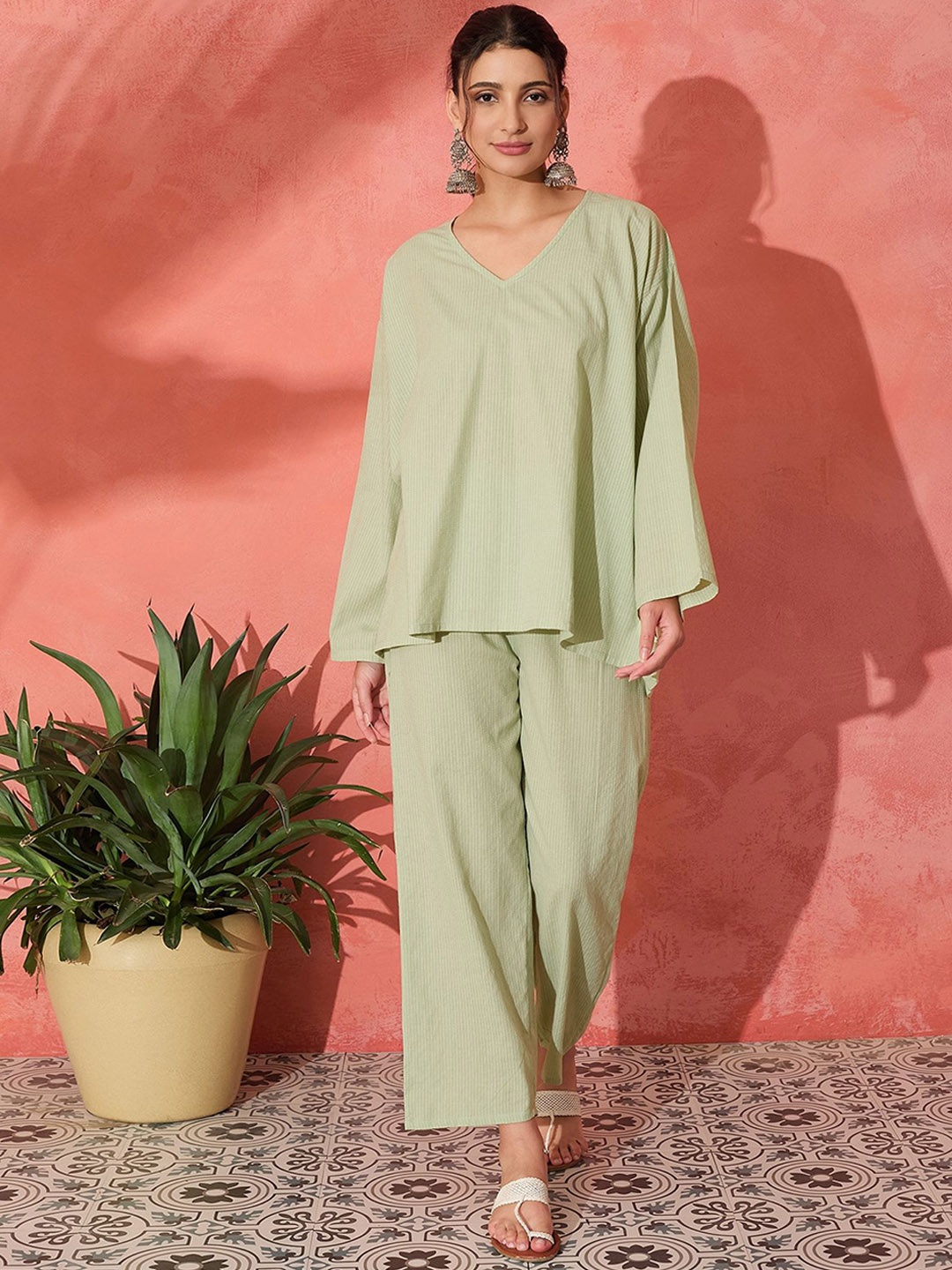 

InWeave Green V-Neck Pure Cotton Top With Trousers