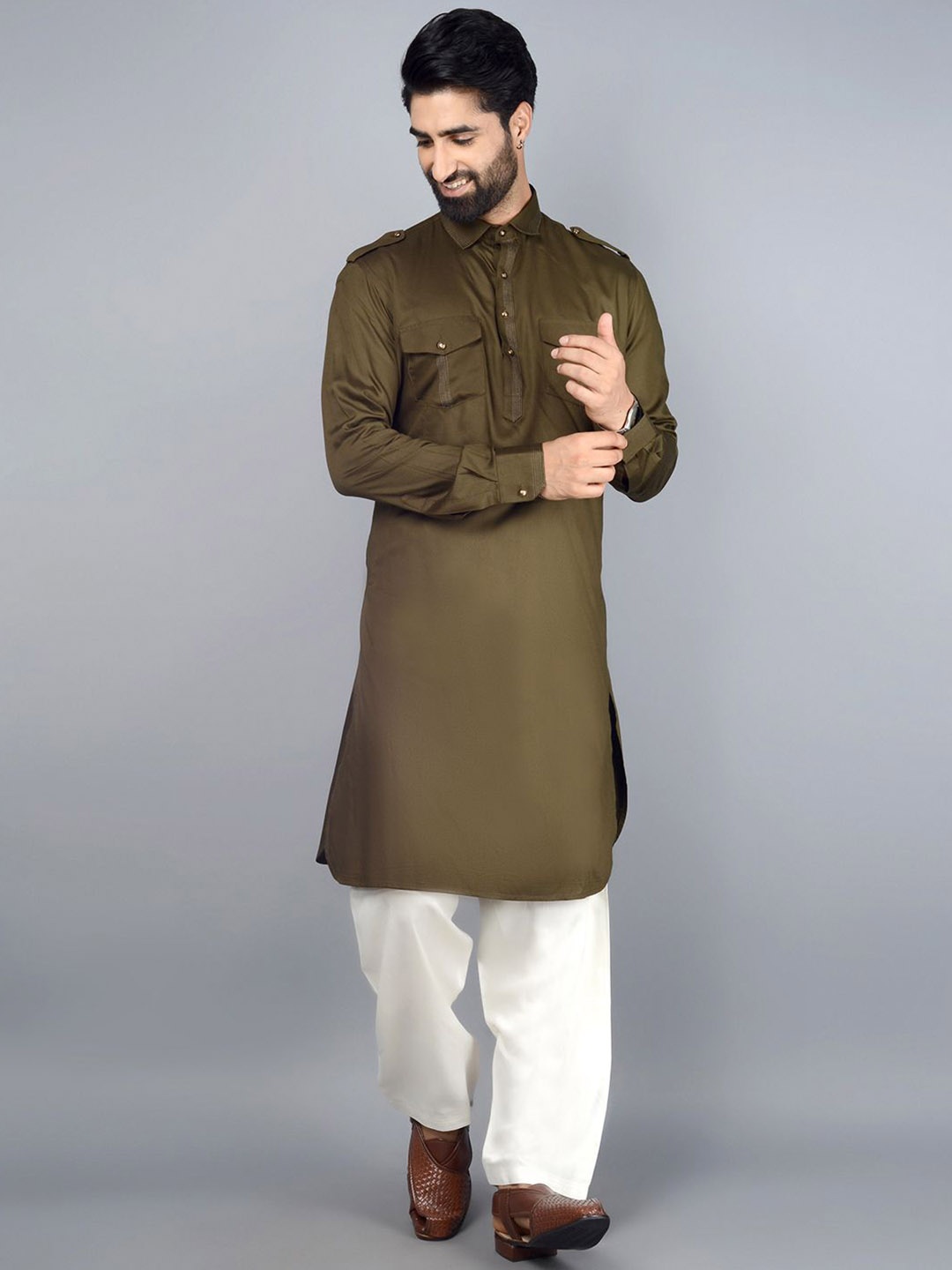 

azania Shirt Collar Pathani Kurta With Trouser, Green