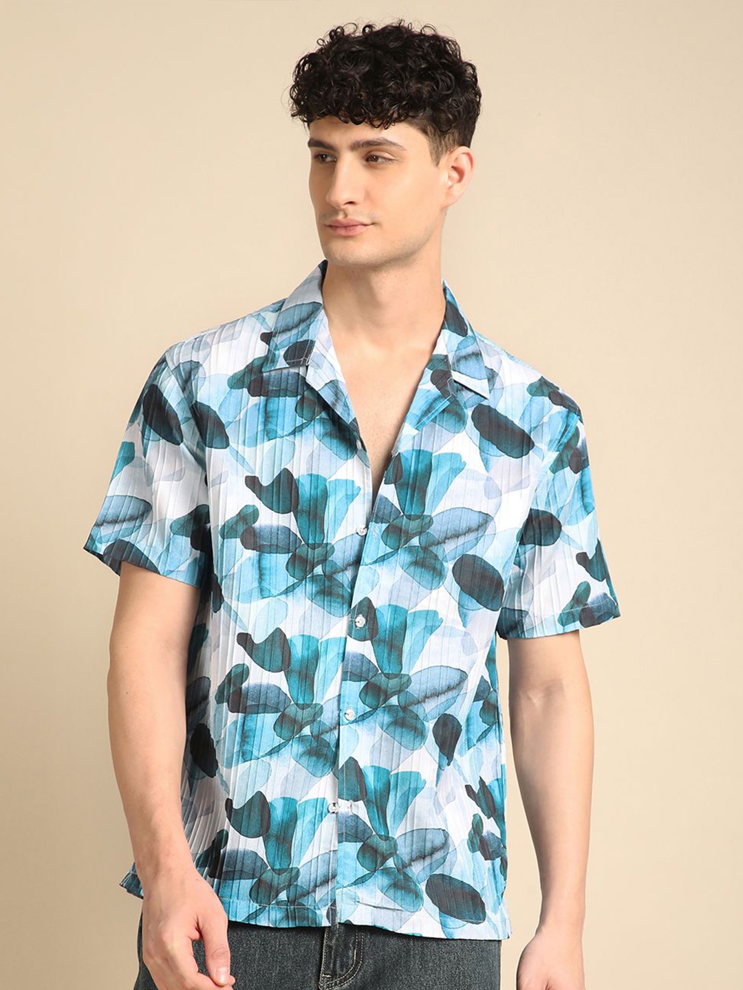 

Voroxy Men Smart Cuban Collar Abstract Printed Polycotton Casual Shirt, Blue