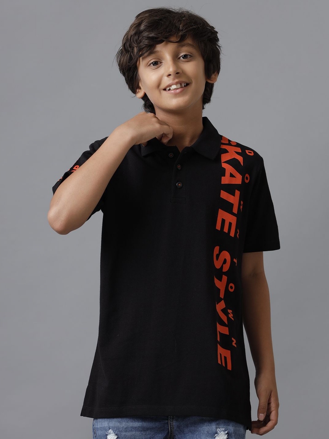 

UNDER FOURTEEN ONLY Boys Typography Printed Polo Collar Cotton T-shirt, Black