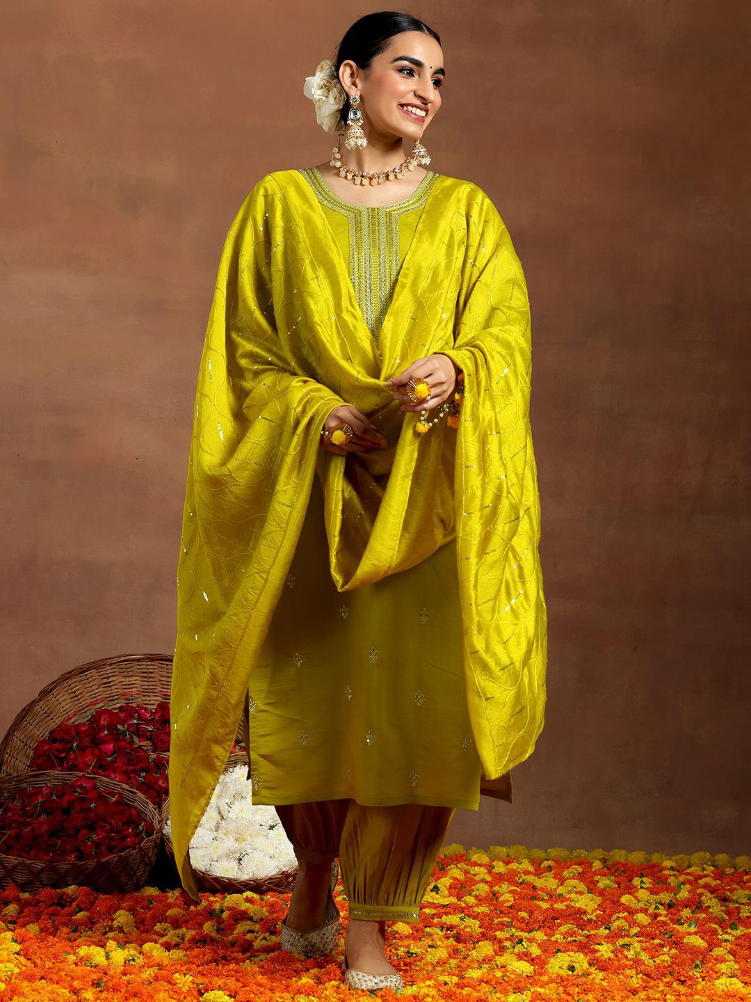 

Libas Floral Embroidered Sequinned Straight Kurta with Salwar & With Dupatta, Lime green