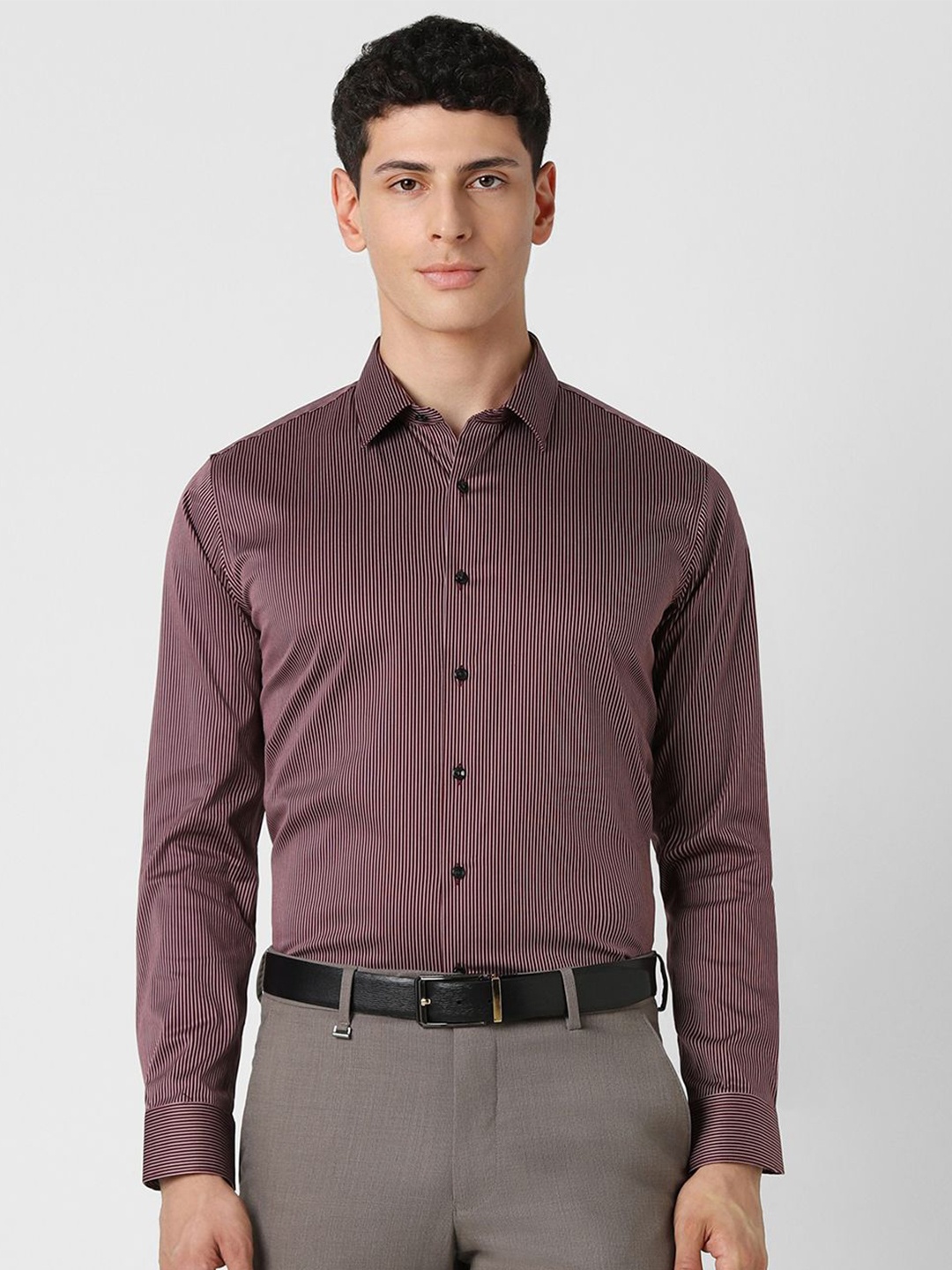 

Van Heusen Men Spread Collar Vertical Striped Cotton Slim Fit Formal Shirt, Maroon