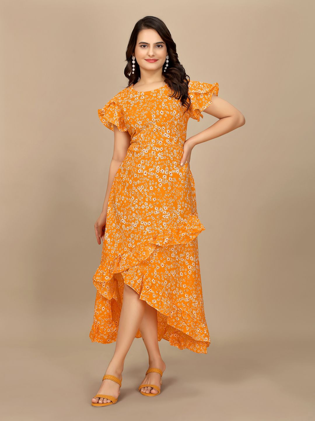 

BAESD Floral Print Puff Sleeve Crepe Maxi Dress, Orange