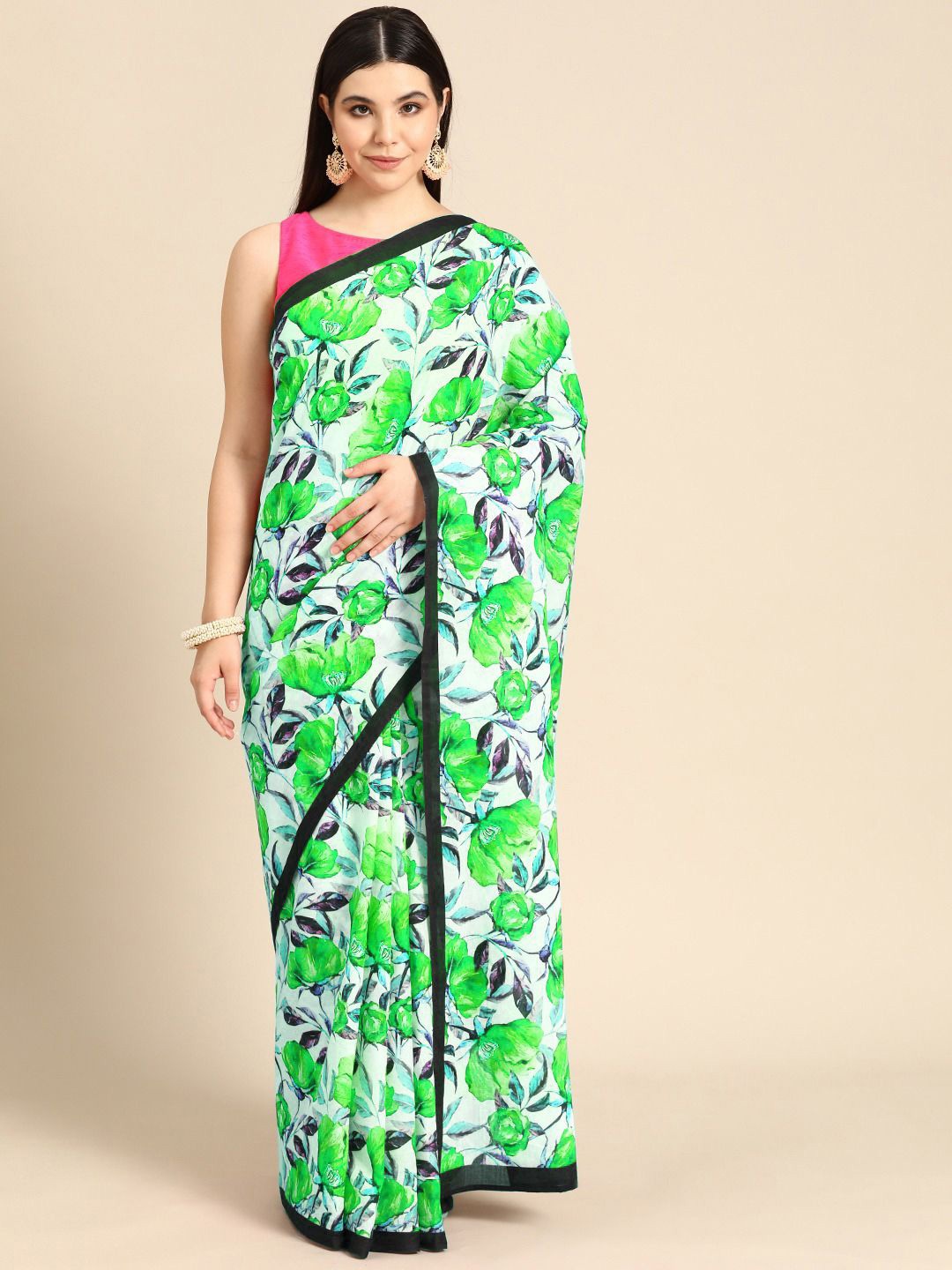 

BUTA BUTI Floral Printed Pure Cotton Saree, Green