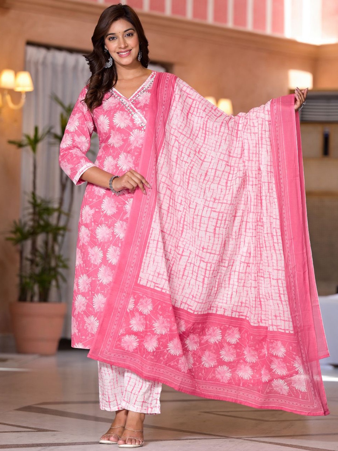 

Benaaz Floral Printed V-Neck Thread Work Pure Cotton Kurta with Trousers & Dupatta, Pink