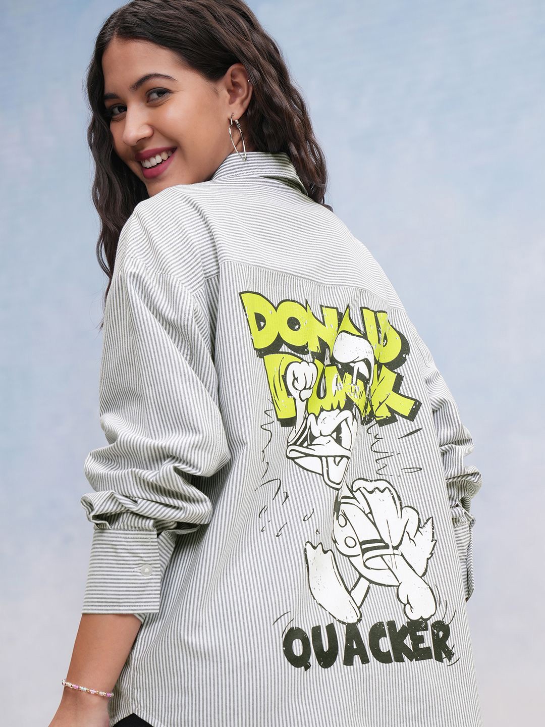 

Tokyo Talkies Disney Women Donald Duck Striped Oversized Shirt, White