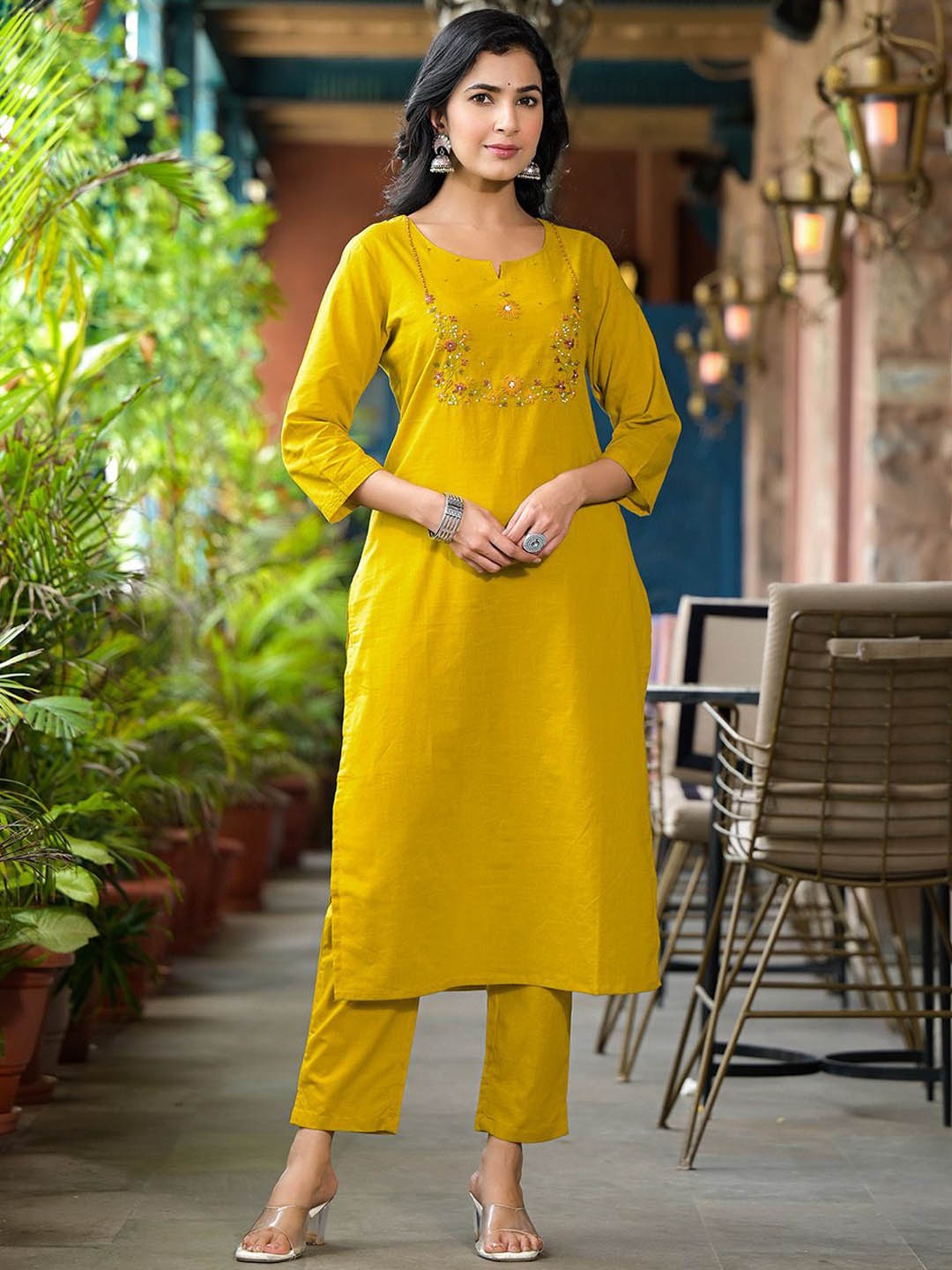 

Benaaz Floral Yoke Design Pure Cotton Kurta with Trousers, Yellow