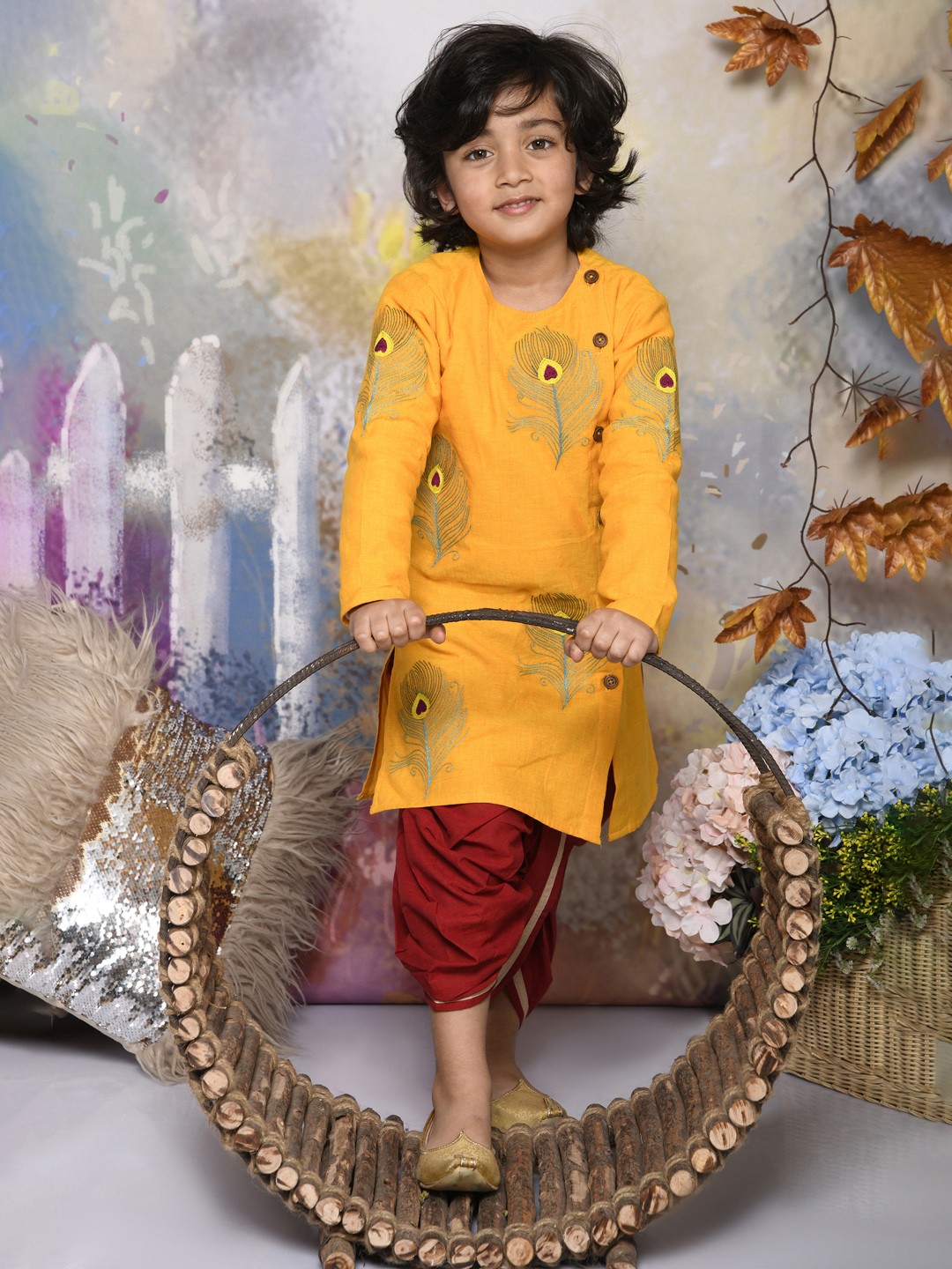 

MUDKID Embroidered Pure Cotton Kurta With Dhoti Pant, Yellow