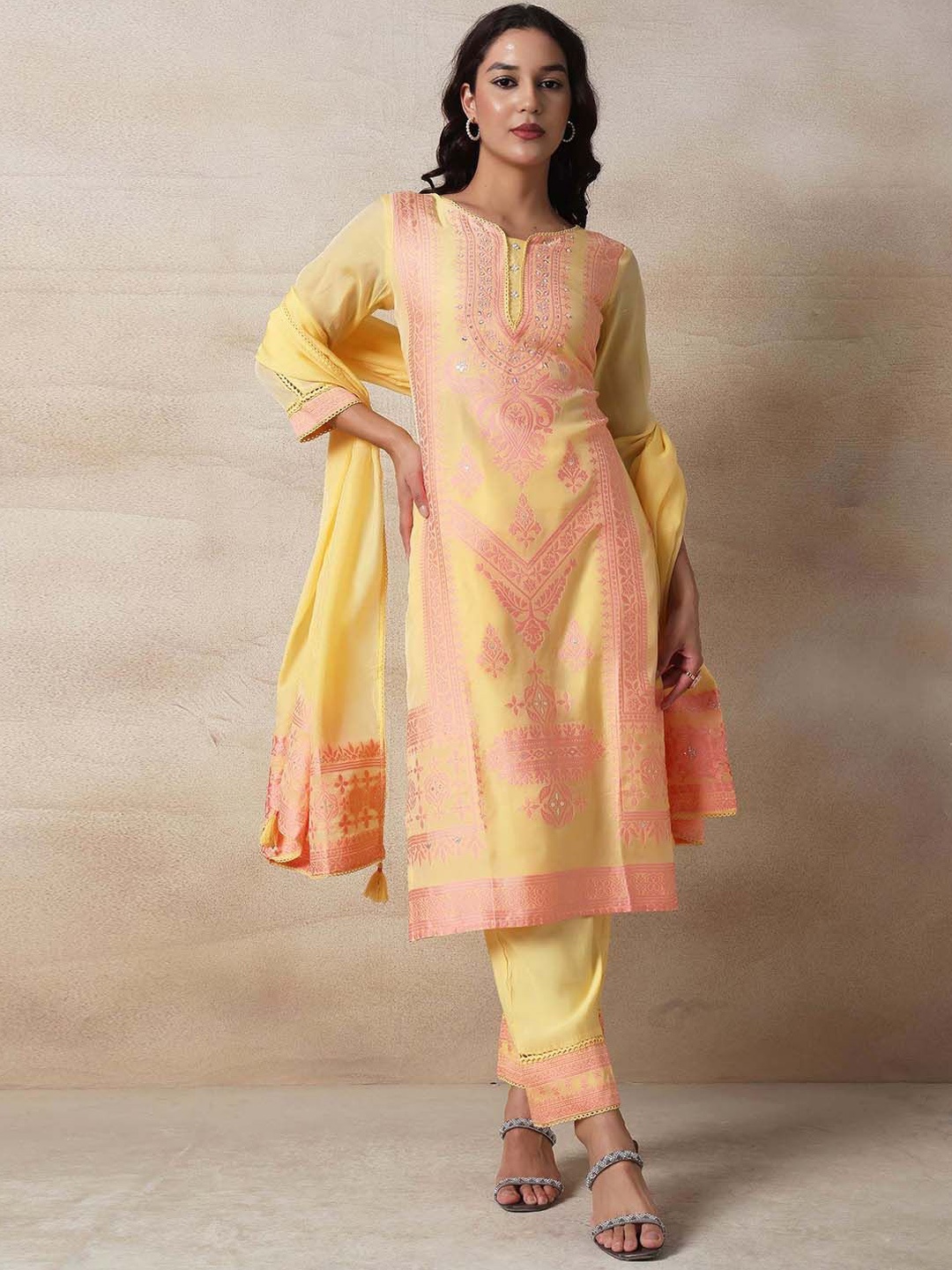 

Rang by Indya Ethnic Motifs Embroidered Beads and Stones Kurta With Trousers & Dupatta, Yellow