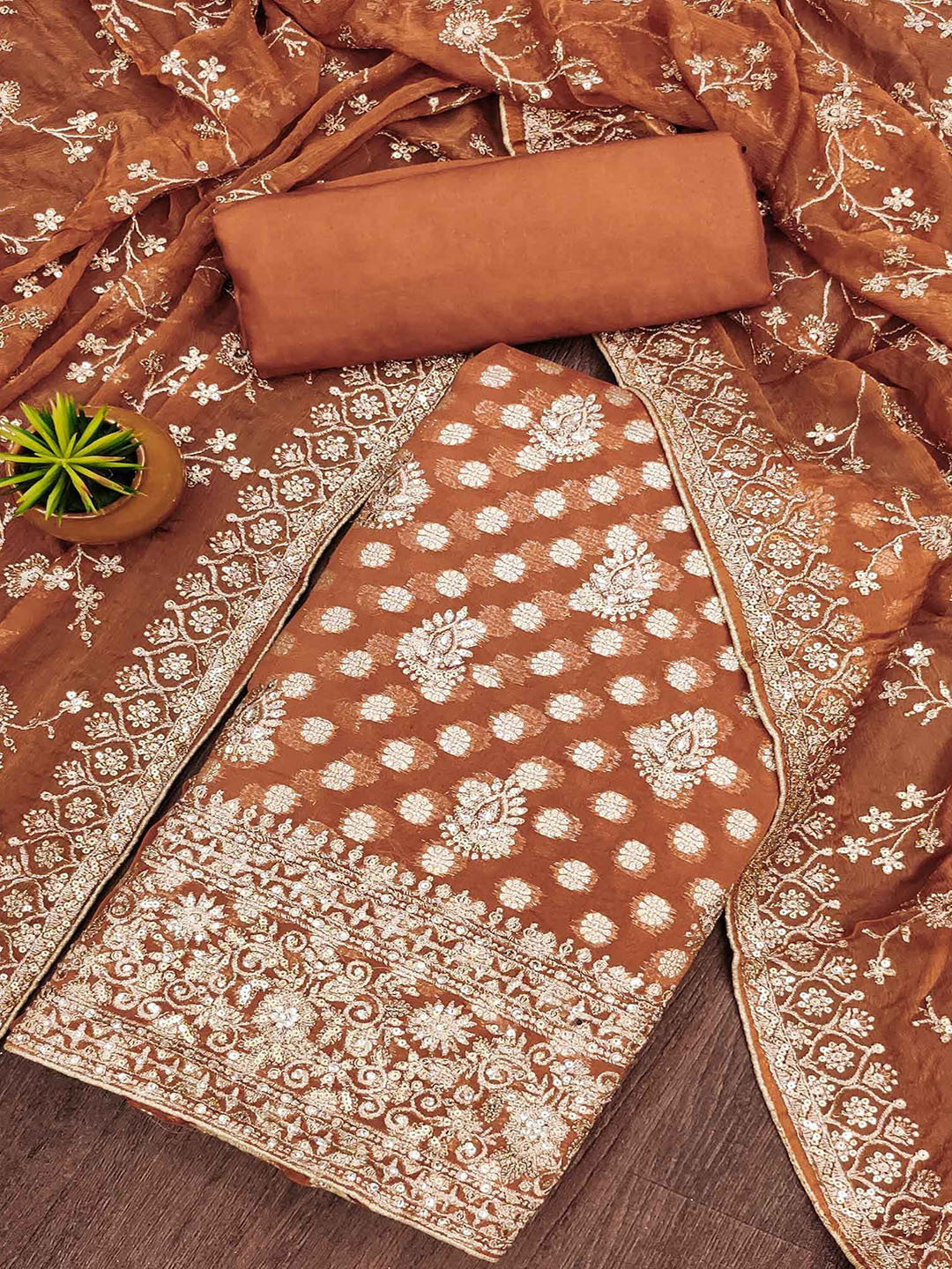 

Peachmode Embroidered Silk Georgette Unstitched Dress Material, Rust