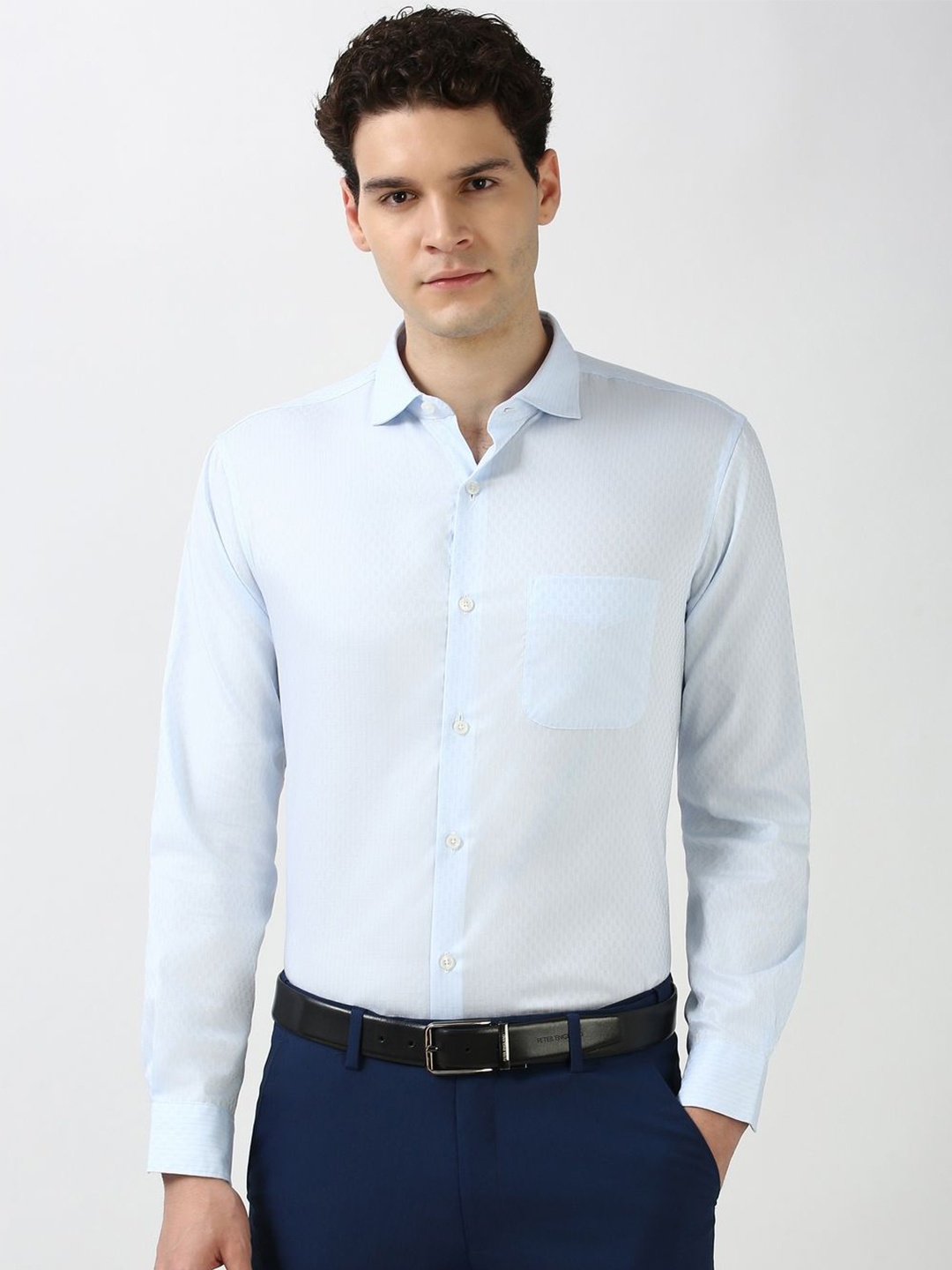 

Peter England Elite Men Spread Collar Textured Cotton Formal Shirt, Blue