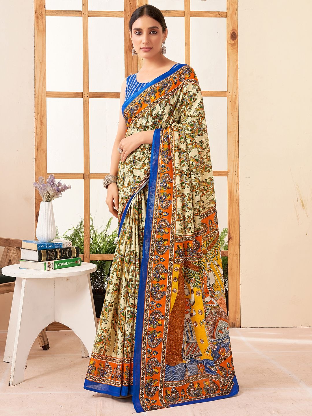 

Mitera Kalamkari Printed Pure Cotton Ikat Saree, Yellow