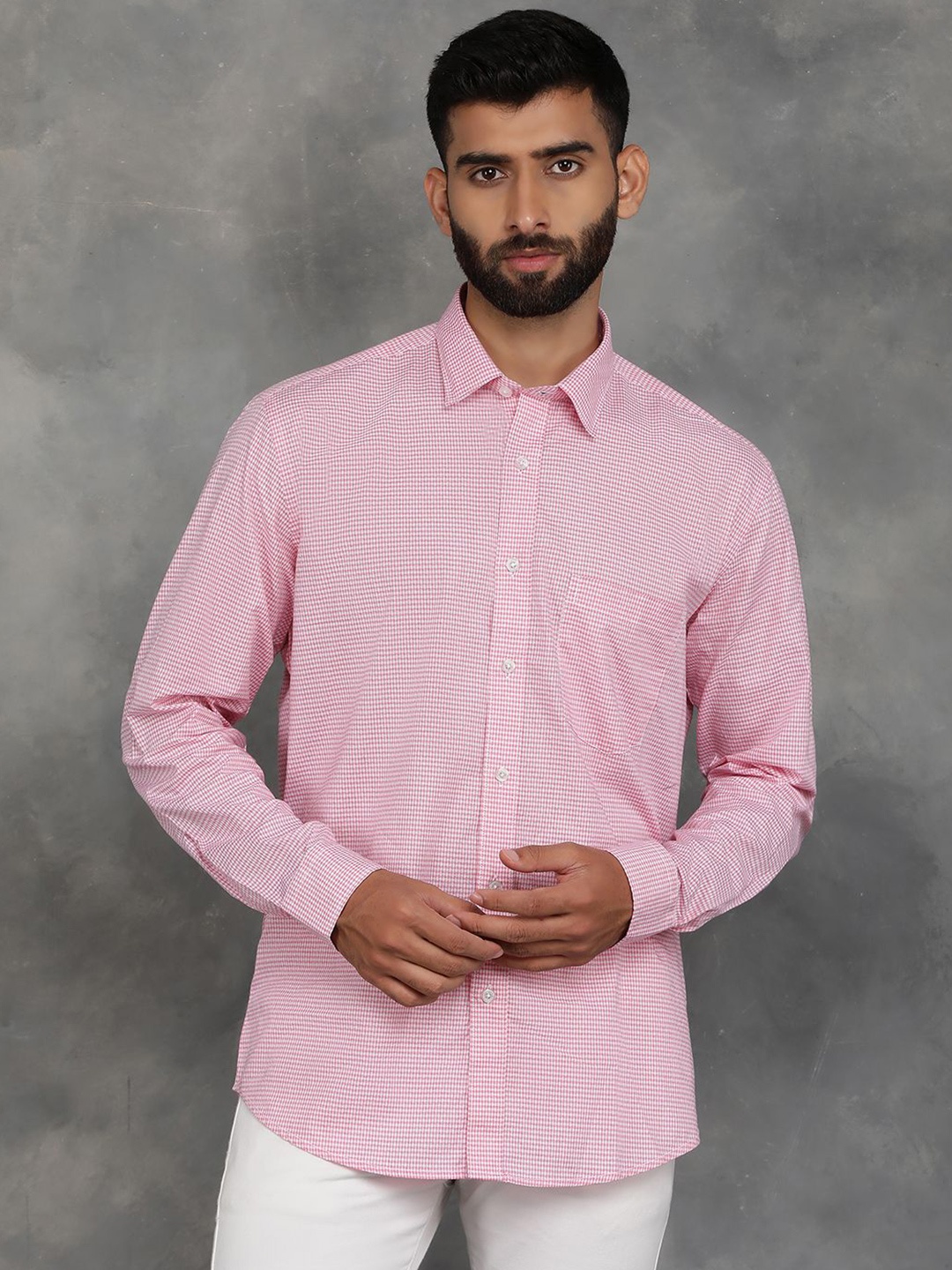 

Greenfibre Men Spread Collar Micro Checked Cotton Casual Shirt, Pink