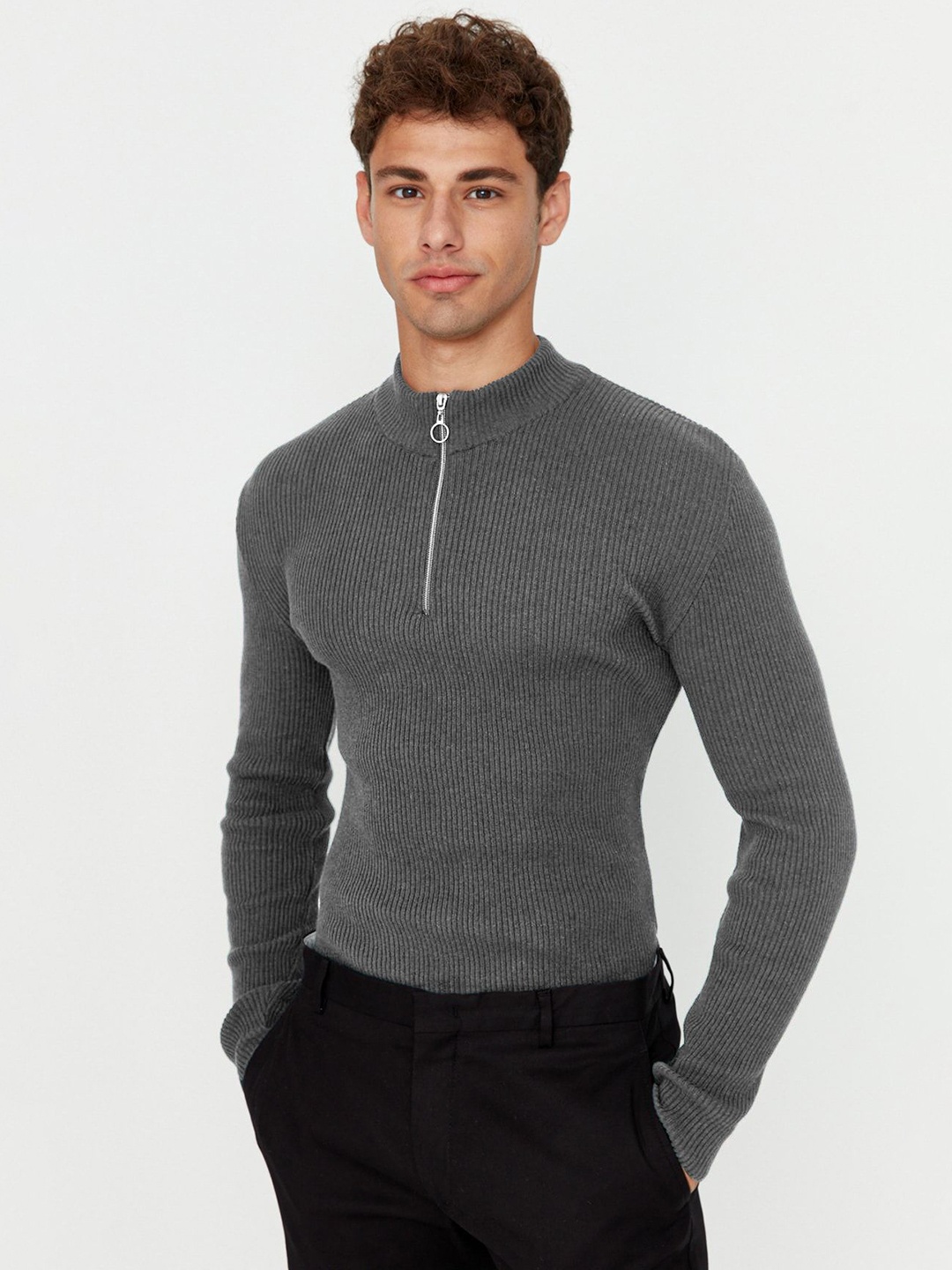 

Trendyol Men Solid Mock Collar Sweater, Grey