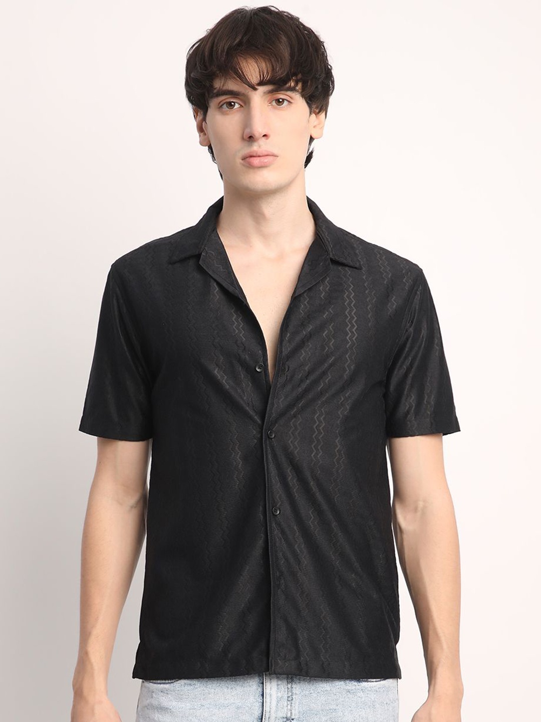 

Voroxy Men Relaxed Cuban Collar Textured Polycotton Casual Shirt, Black