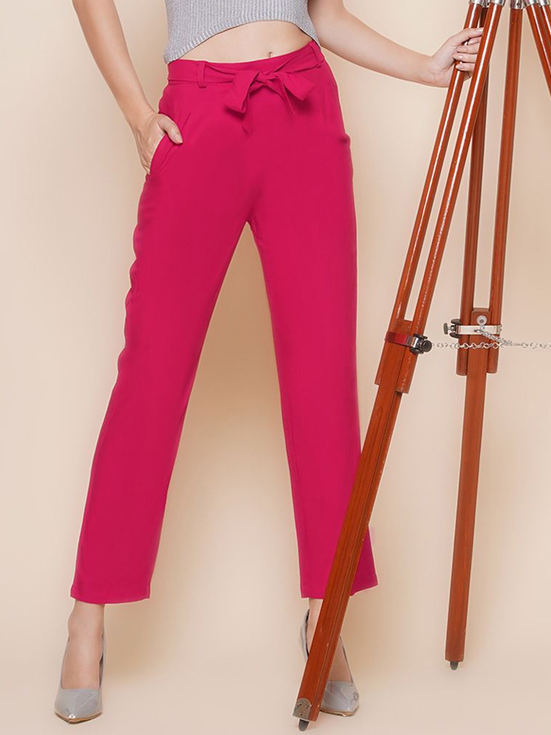 

KATLINE Women Solid Relaxed High-Rise Trousers, Fuchsia